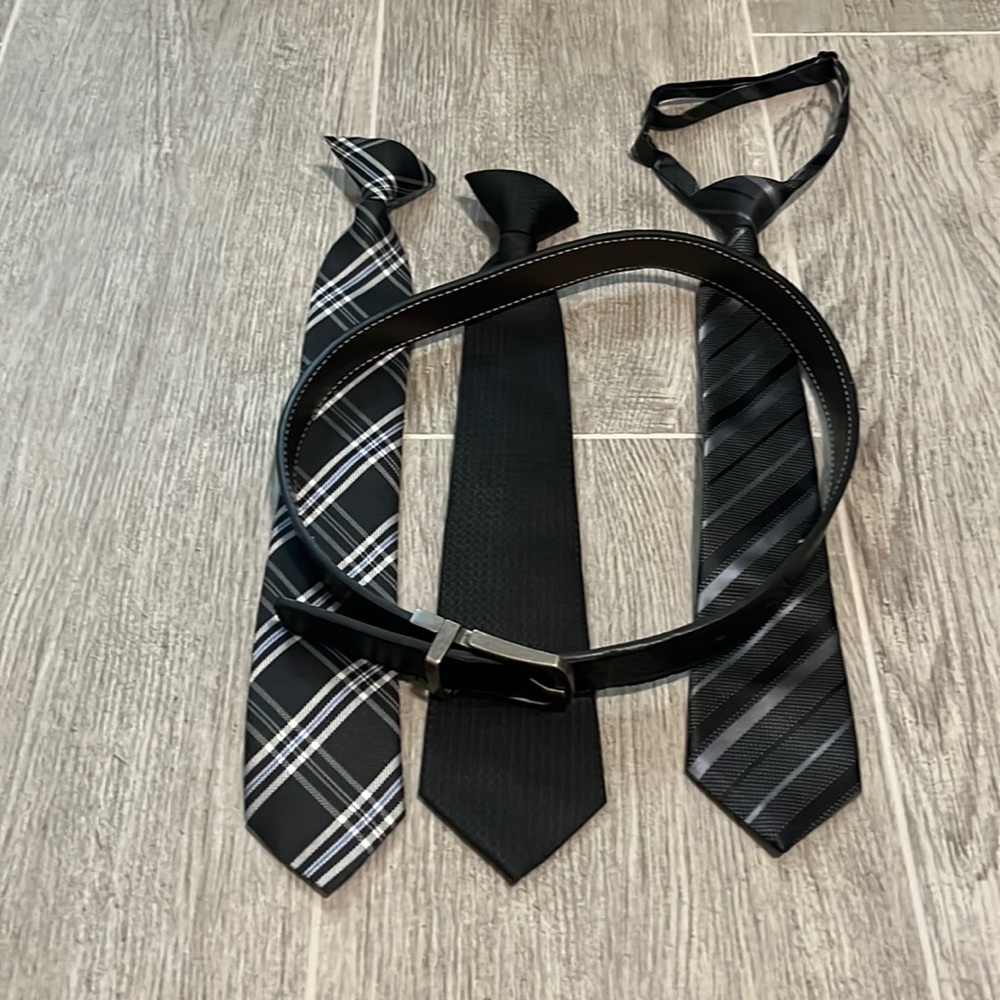 Lot of boys ties for ages 4 to 10 and reversible reversible dress belt